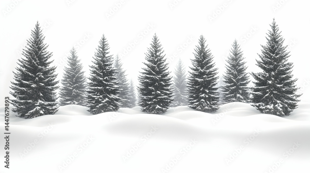 Fototapeta premium Snowy winter forest scene with evergreen trees
