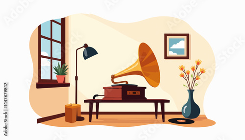 Nostalgic gramophone in cozy room with flowers, vintage serenity