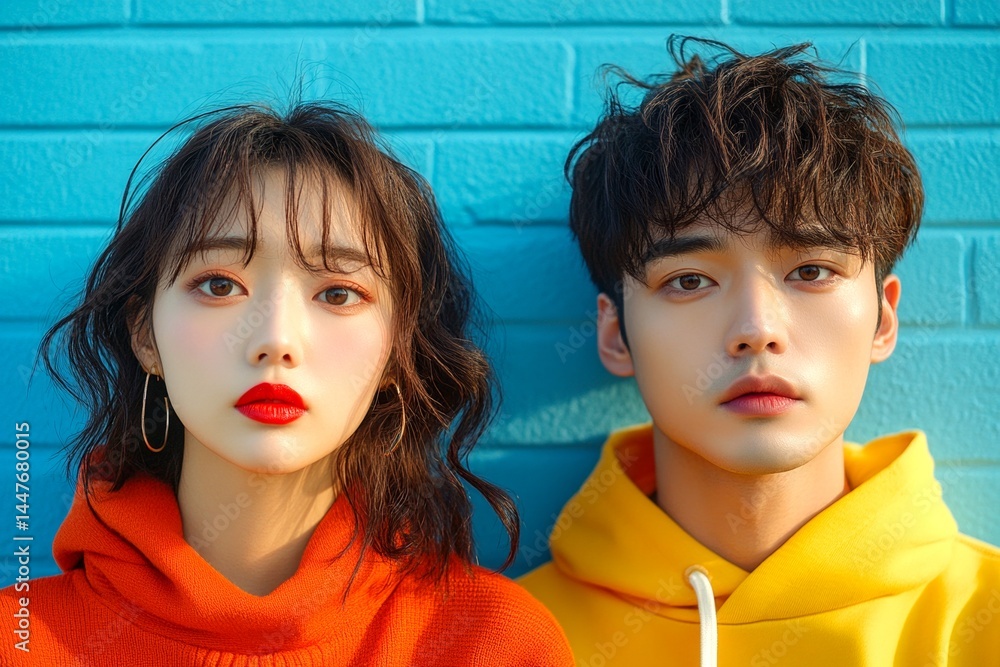 Valentine's day, soulmatescouple: stunning bold image of loving asian young couple. Commercial ad campaign visual idea. Sign of love and affection. Couple goals. Romantic couple photography.