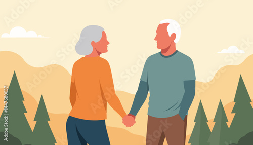 Senior couple embracing love in nature, companionship and warmth