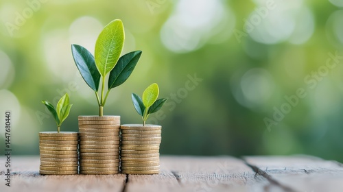 Growth of money with green leaves on stacks of coins representing financial success and sustainability concept