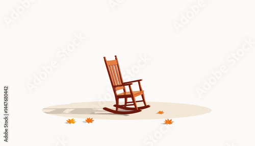 Lonely wooden rocking chair in empty room with autumn leaves, solitude