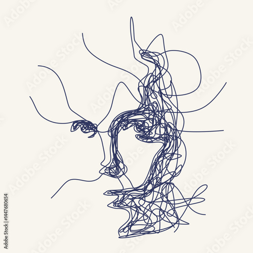 Psychotherapy, stress and psychosis. A human head drawn from a tangled ball of nerves, scribbles symbolizing a depressed state of a person. Psychological help and mental health. Personality disorder