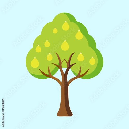 Cartoon pear tree with yellow fruits against a light blue background illustration