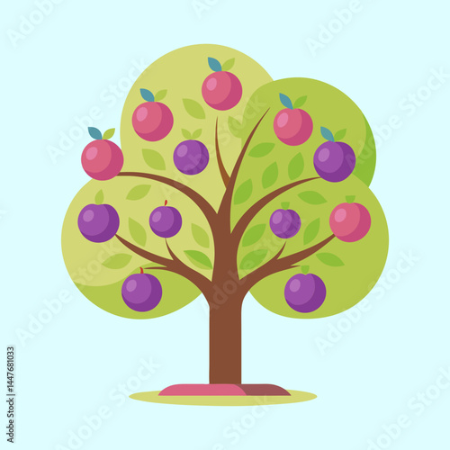 Stylized Apple or Plum Tree with Fruit Against a Light Blue Background