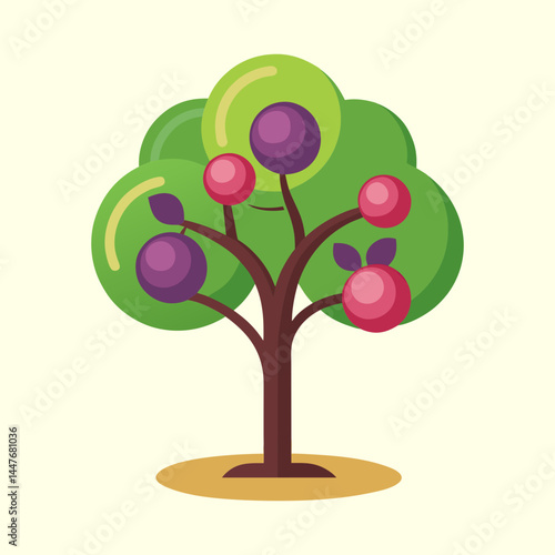 Illustration of an apple plum tree with pink and purple fruits