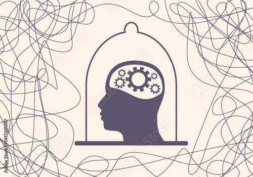 Psychotherapy concept. Metaphor of problem solving, chaos and mess, difficult situation. Psychological help and mental health. Human head and tangle of problems. Gears as brains
