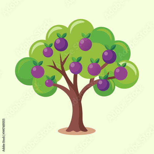 Cartoon plum tree illustration with green foliage and lots of fruits