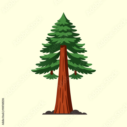 Stylized Cartoon Redwood Tree with Green Foliage on a Pale Yellow Background