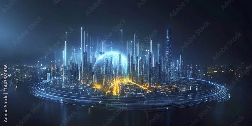 抽象的な未来都市の3Dレンダリング 夜空に輝く光とデジタル世界 抽象的な未来都市の3Dレンダリング 夜空に輝く光とデジタル世界