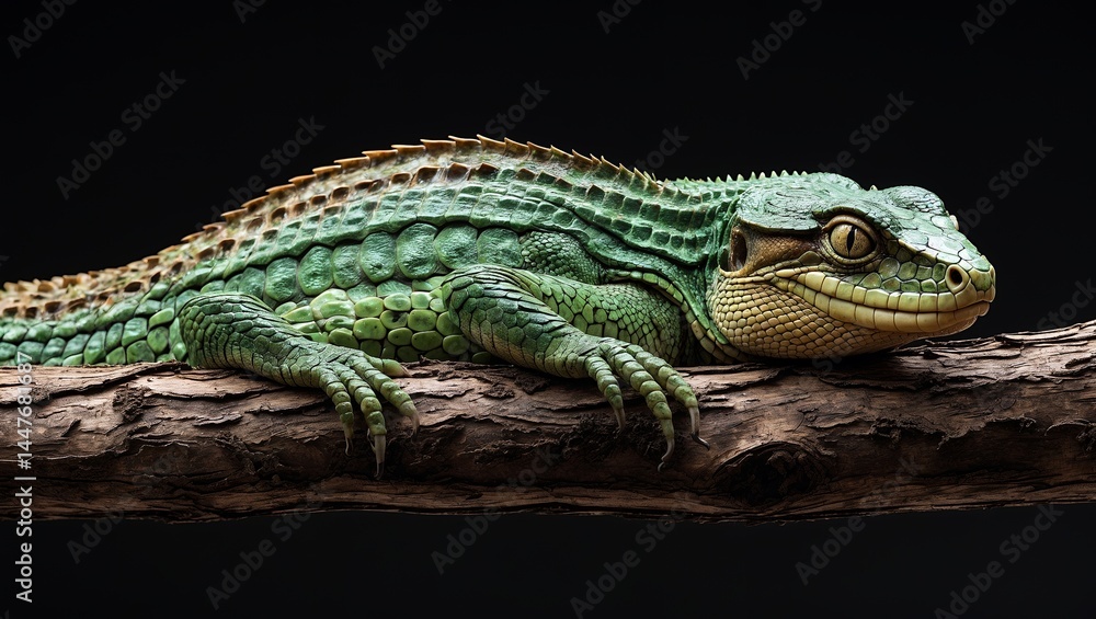 Obraz premium Reptile resting on tree branch with textured skin