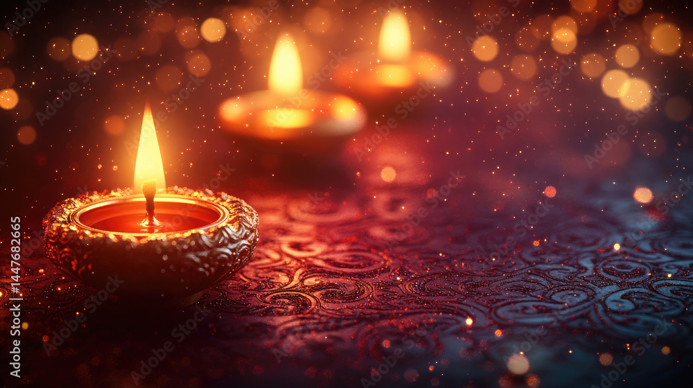 Warm, glowing candles on a patterned surface, illuminating a festive scene with a soft, diffused light. Intricate details of the candle holders and textured fabric. Festive, celebratory ambiance Warm, glowing candles on a patterned surface, illuminating a festive scene with a soft, diffused light. Intricate details of the candle holders and textured fabric. Festive, celebratory ambiance