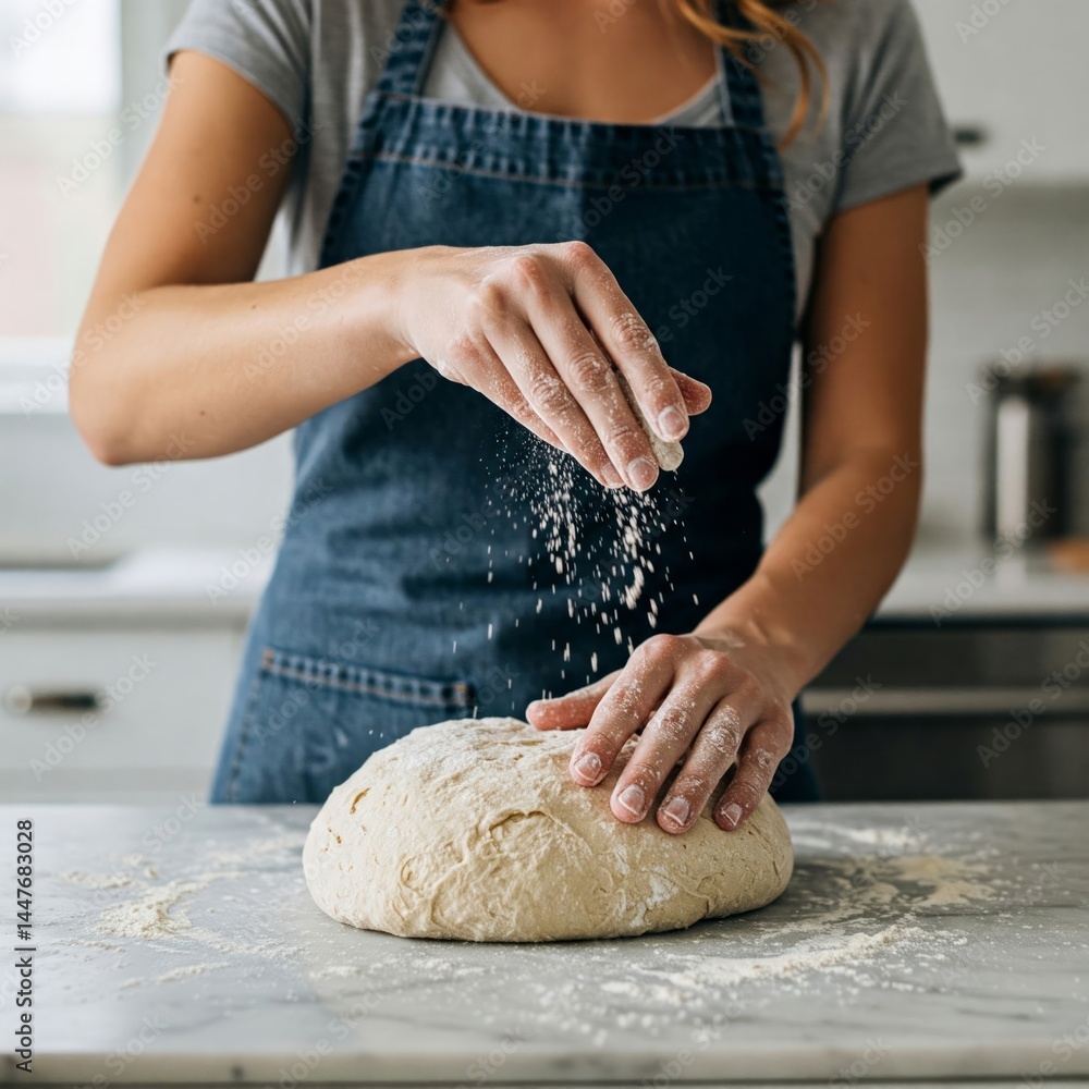 Obraz premium Close-up of woman kneading bread dough on marble board over kitchen counter. Midsection of female preparing sourdough bread in kitchen sprinkling flour over the dough