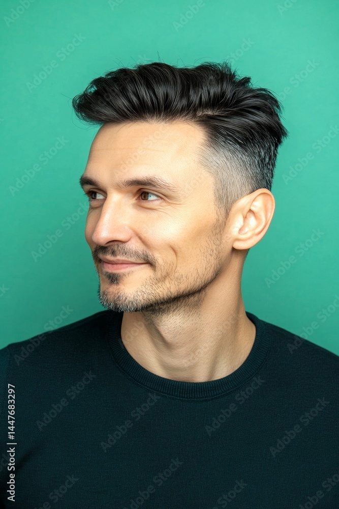 Green solid background. A chic gentleman dressed in style and confidence. Trendy men's mid fade haircut - midlife white man with black hair. Conceptual art of style for aging men.