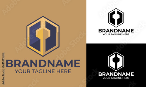 Hexagon shield logo design template for cybersecurity firm blockchain startup or digital tech brand