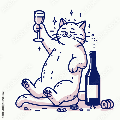 Animated Celebration: A cheerful feline character raises a glass in a toast, in an illustrative style of celebration, with sparkling effects, embodying the joy of celebration and good times.