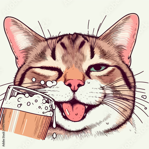 Winking Cat with a Beer: This whimsical illustration features a mischievous-looking cat with a playful wink, enjoying a frosty mug of beer.