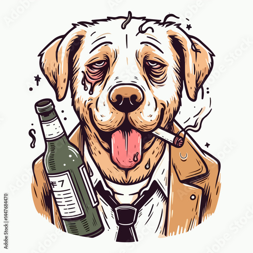 The Drunken Companion: A whimsical illustration portrays a dog, dressed in a suit, and sporting a cigarette and a liquor bottle. The art captures the playful irreverence of canine life