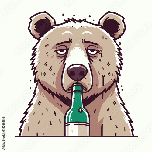 Bear with a Bottle: A cartoon brown bear with a melancholic expression is depicted holding a bottle of wine to his mouth, symbolizing a sense of weariness or perhaps a need for comfort.