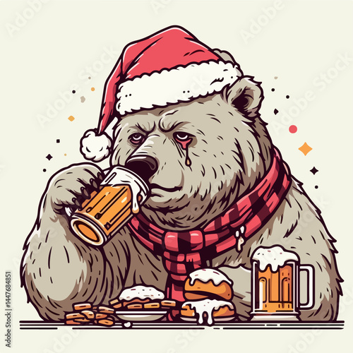 Sad Bear in Santa Hat: A cartoon illustration of a brown bear wearing a Santa hat, sadly drinking beer and eating festive food.