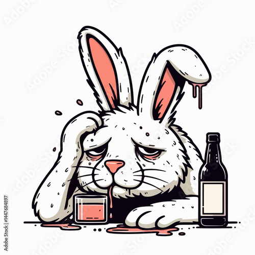 Drunk Bunny Illustration: A whimsical illustration of a sad-looking, tipsy bunny, with a bottle and glass of something red. This cartoonish bunny shows the perils of overindulgence.