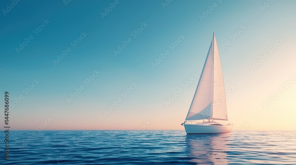 Obraz premium Tranquil sailboat gliding across calm ocean waters during golden hour with bright blue sky in the background