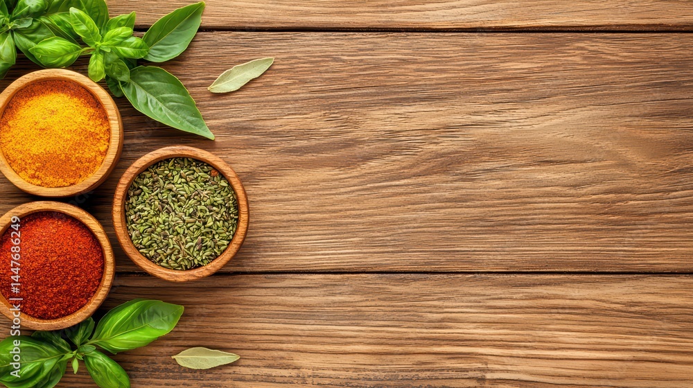 Colorful spices in wooden bowls with fresh basil and bay leaves on rustic wooden table background for culinary artistry Colorful spices in wooden bowls with fresh basil and bay leaves on rustic wooden table background for culinary artistry