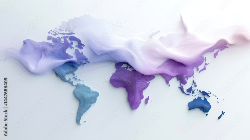 Fototapeta premium Abstract world map with flowing wave design in purple and blue tones