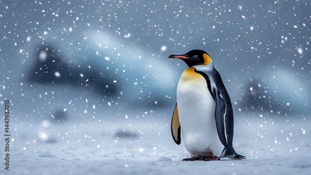 Solitary emperor penguin in serene snowy landscape Solitary emperor penguin in serene snowy landscape