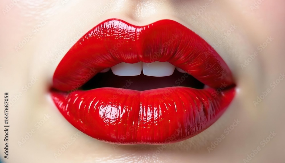 Close-up of luscious red lips, pristine white backdrop, cosmetics, lipstick Close-up of luscious red lips, pristine white backdrop, cosmetics, lipstick