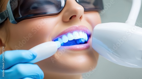 Woman receiving teeth whitening treatment with blue light in dental clinic setting for oral care and aesthetics
