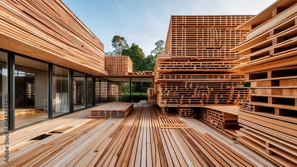 Fototapeta premium Stacked cross laminated timber panels in modern architecture