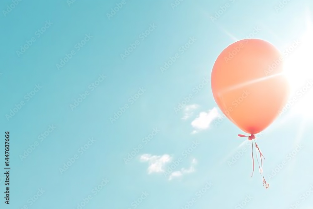 Fototapeta premium Orange balloon floats in a vibrant blue sky, sunlight shining behind it. A few small, fluffy white clouds are visible near the balloon. The scene is bright, airy, and evokes a feeling of joy and