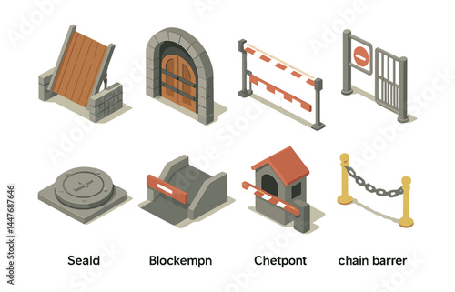 Secure access control icons set – gate, barrier, checkpoint, fence, block