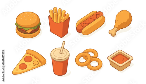 Isometric fast food icons set – burger, fries, hot dog, pizza, soda, rings, drumstick, sauce