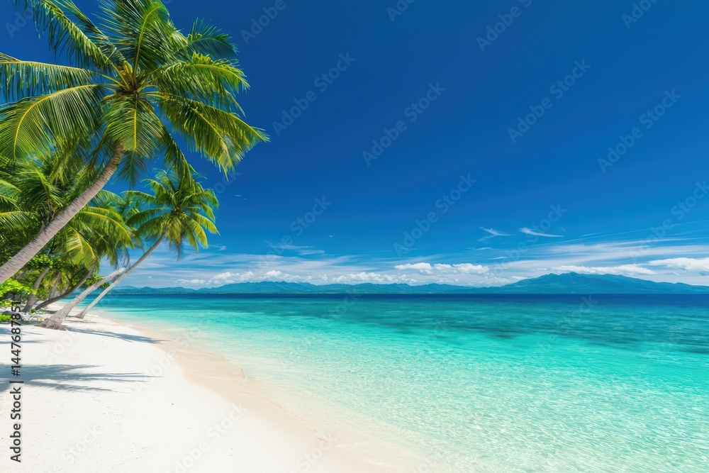 Naklejka premium Serene tropical beach with palm trees and crystal clear turquoise water under a bright blue sky at daytime