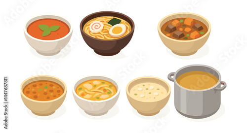 Isometric soup and stew icons set – tomato, ramen, beef stew, minestrone, chicken noodle, cream, pea, pot