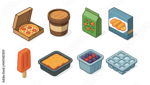 Isometric frozen foods icons set – pizza, ice cream, vegetables, fish, popsicle, lasagna, berries