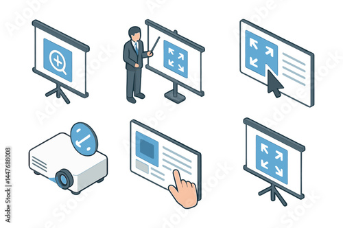 Presentation scaling icons set – projector, screen, pointer, expand, zoom, click, presenter