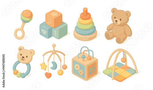 Isometric baby toys icons set – rattle, blocks, stacker, teddy, mobile, teether, playmat
