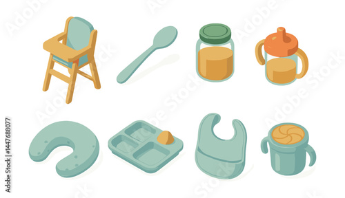 Baby feeding essentials icons set – high chair, spoon, baby food, sippy cup, bib