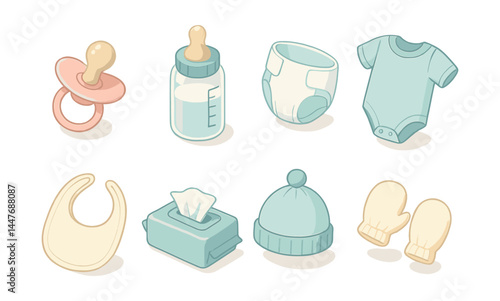 Baby essentials icons set – pacifier, bottle, diaper, onesie, bib, wipes, hat, mittens
