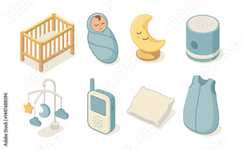 Baby sleep essentials icon set – crib, swaddle, moon, sound machine, mobile, monitor, pillow, sleeping bag