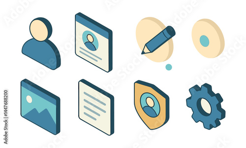 Isometric profile icons set – user, profile, edit, settings, image, document, shield