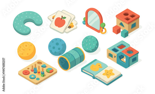 Baby development icons set – toys, blocks, mirror, book, cards, shapes, rattle, maze, plush