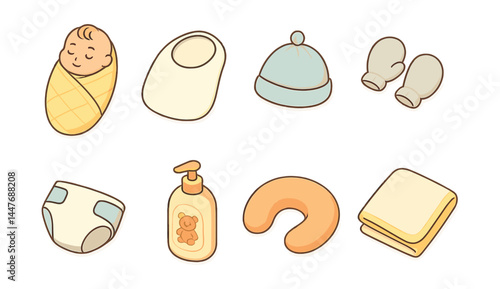 Newborn essentials icons set – blanket, bib, hat, mittens, diaper, lotion, pillow, towel
