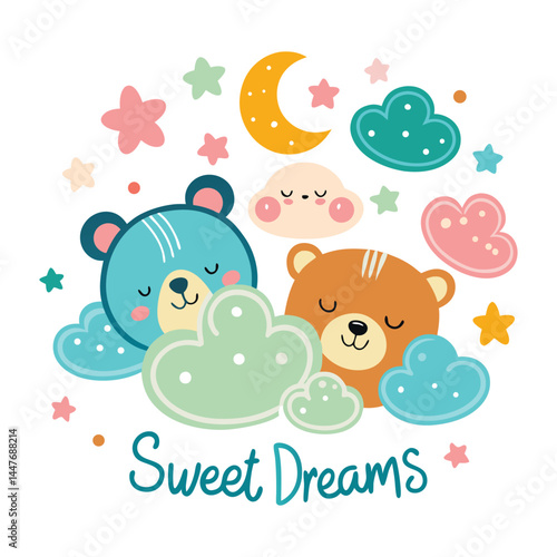 Sweet Dreams Baby bears and clouds clipart white background