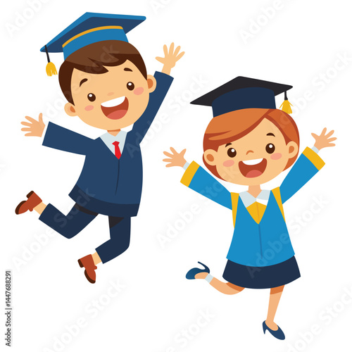 Two graduating jumping kids isolated on white background