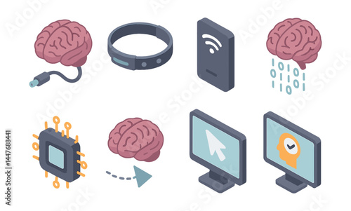 Brain-computer interface icons set – brain, chip, signal, monitor, neural, connection, wireless