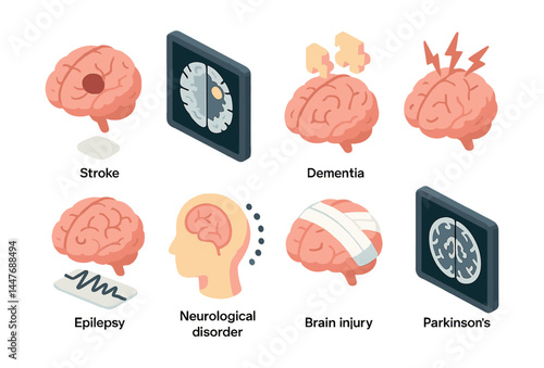 Neurological health icons set – stroke, dementia, epilepsy, brain injury, parkinson's